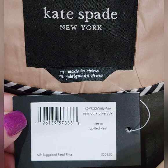 Kate Spade Dark Olive Green Quilted Equestrian Vest Women's‎ Size Medium New! - Picture 6 of 12